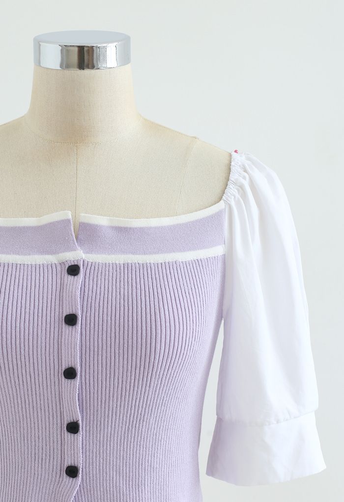 Puff Short Sleeves Buttoned Crop Knit Top in Lilac