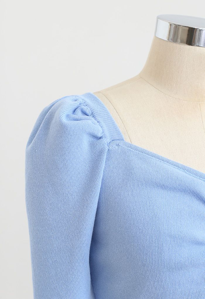 Sweetheart Neck Pearls Ruched Crop Knit Top in Blue
