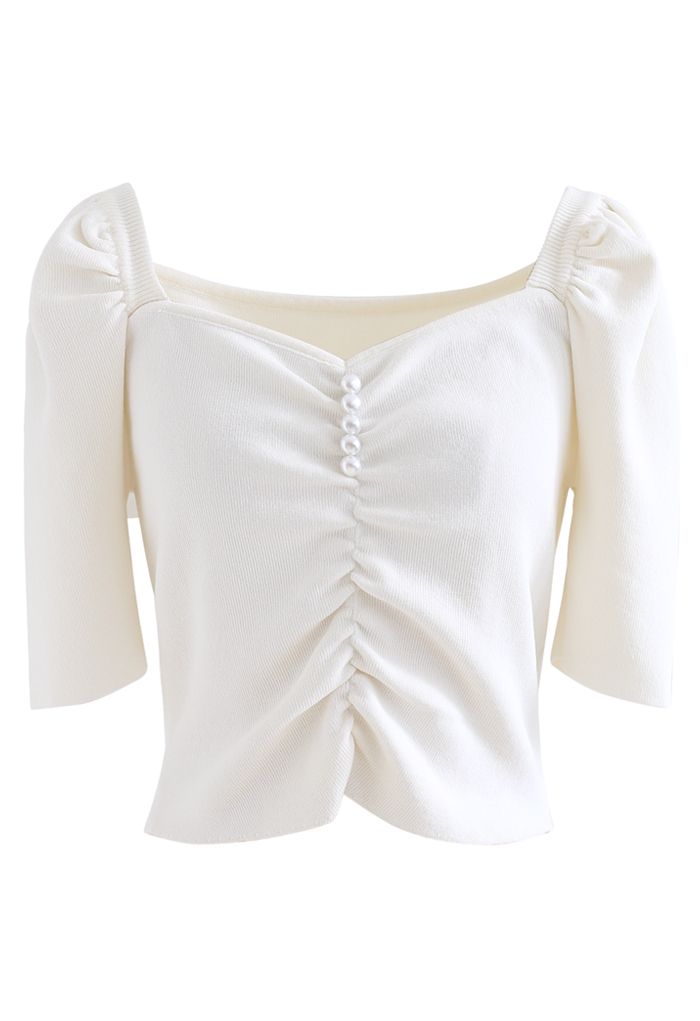 Sweetheart Neck Pearls Ruched Crop Knit Top in White