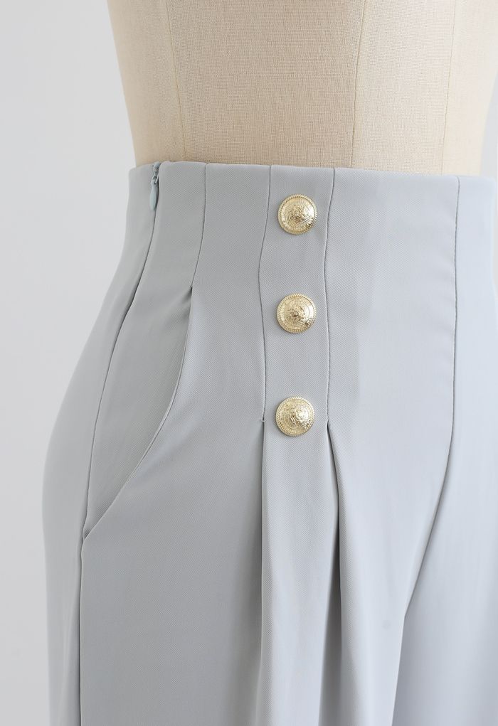 Golden Button Decorated Pleated Pants in Light Blue