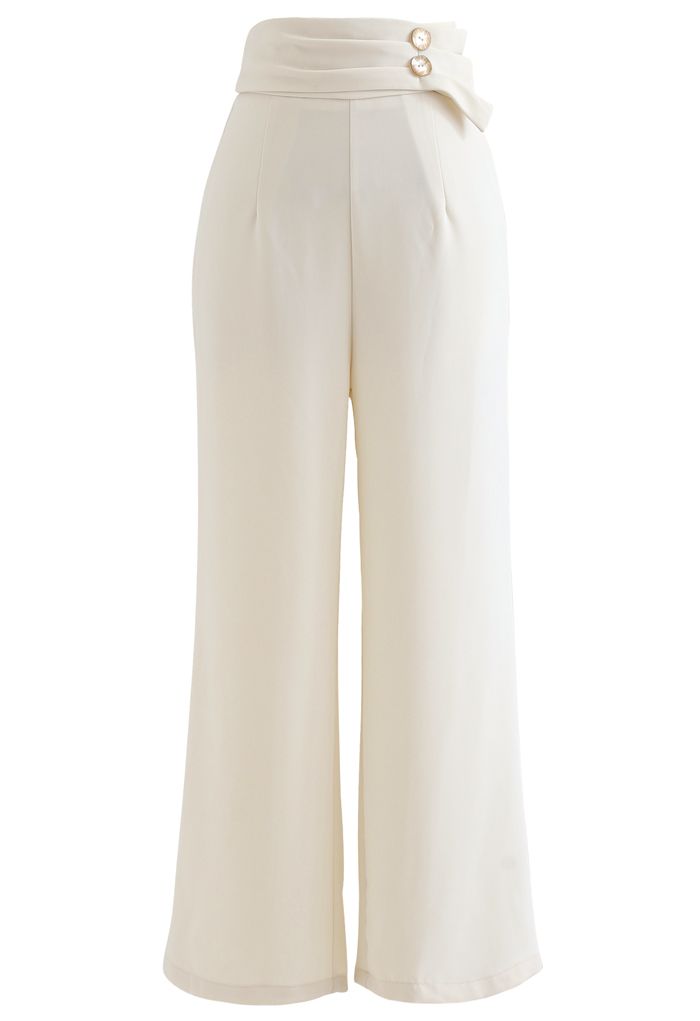Buttoned Sash Trim Straight Leg Pants in Ivory