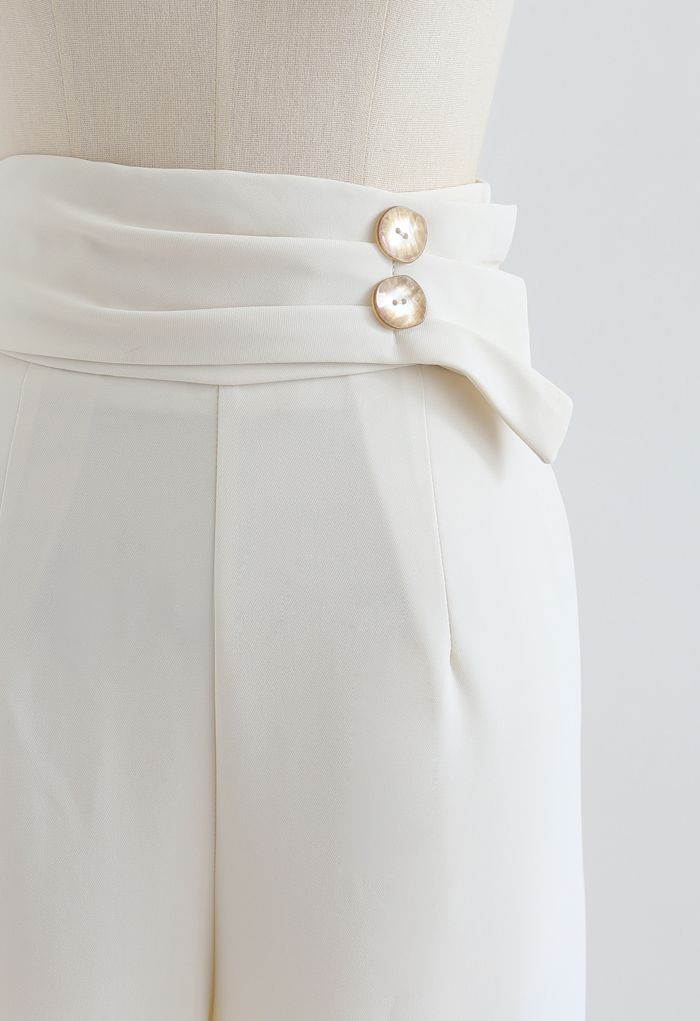 Buttoned Sash Trim Straight Leg Pants in Ivory