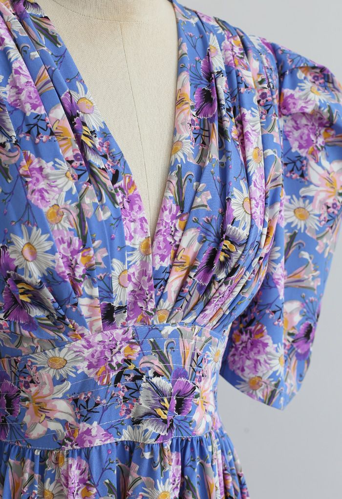 V-Neck Puff Sleeves Floral Frilling Dress in Blue