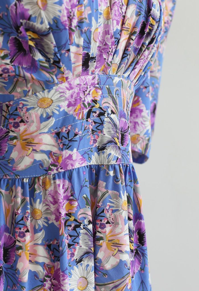 V-Neck Puff Sleeves Floral Frilling Dress in Blue