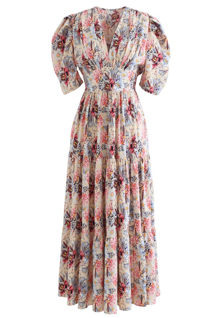 V-Neck Puff Sleeves Floral Frilling Dress in Cream