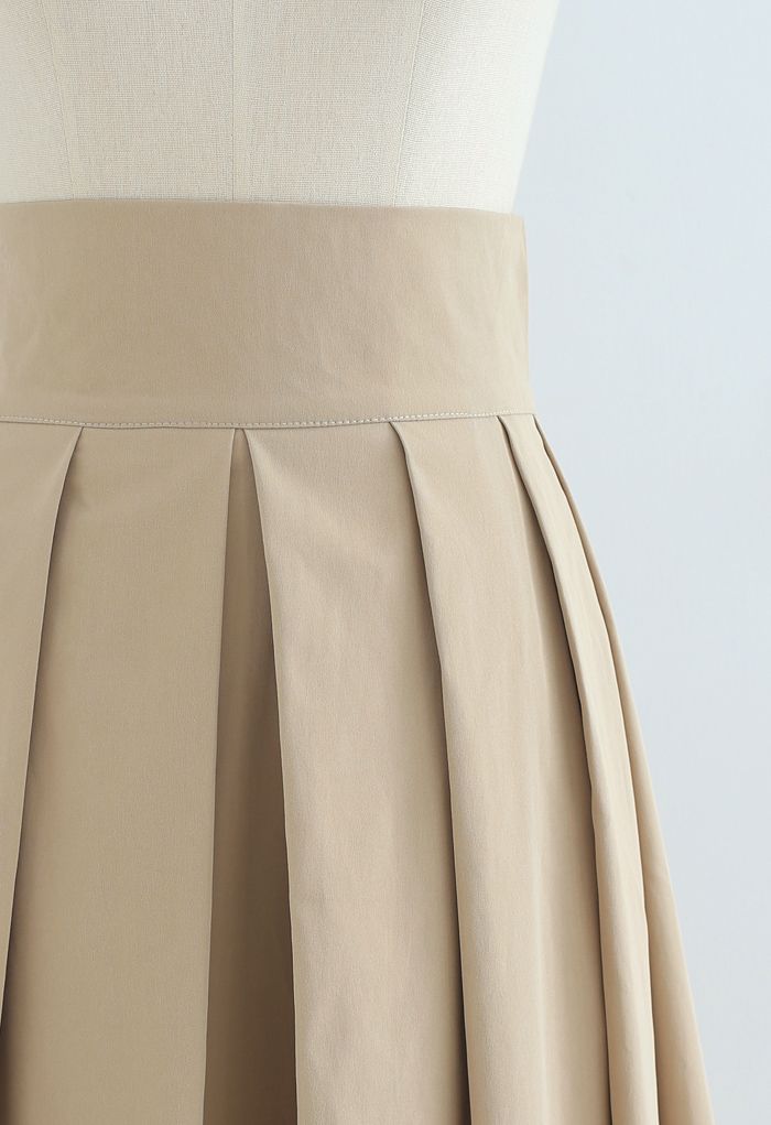 Full Pleated Cotton Midi Skirt in Light Tan