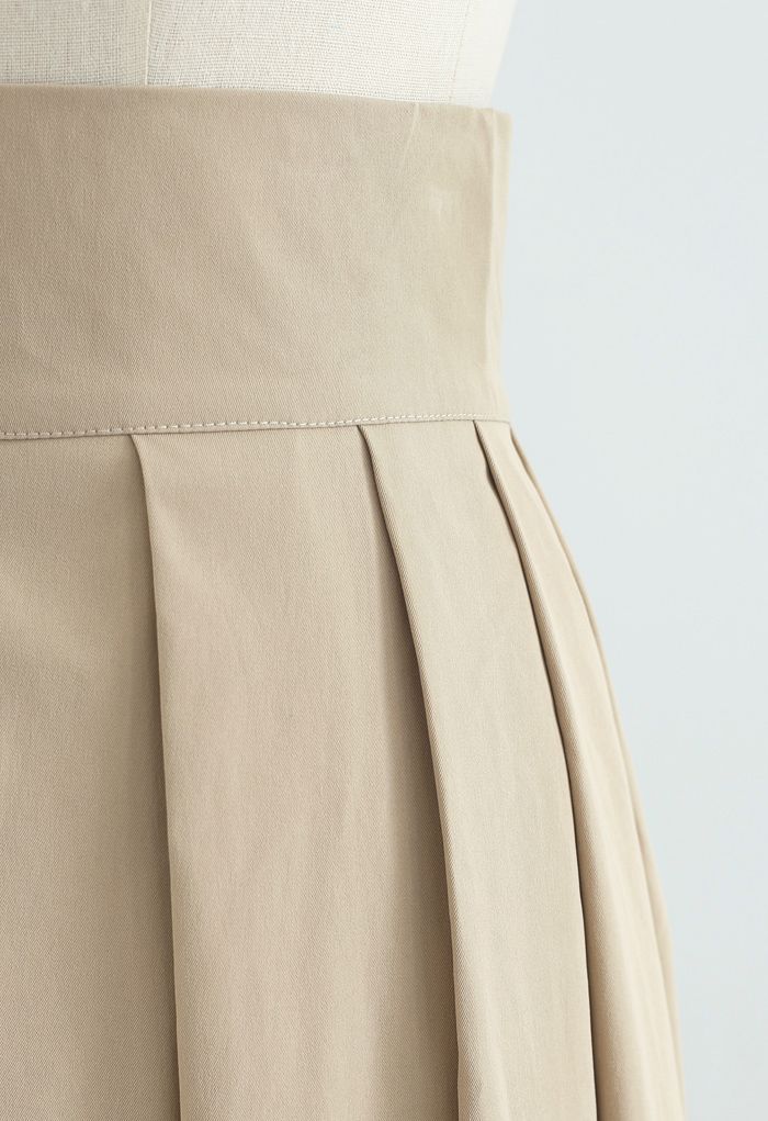Full Pleated Cotton Midi Skirt in Light Tan