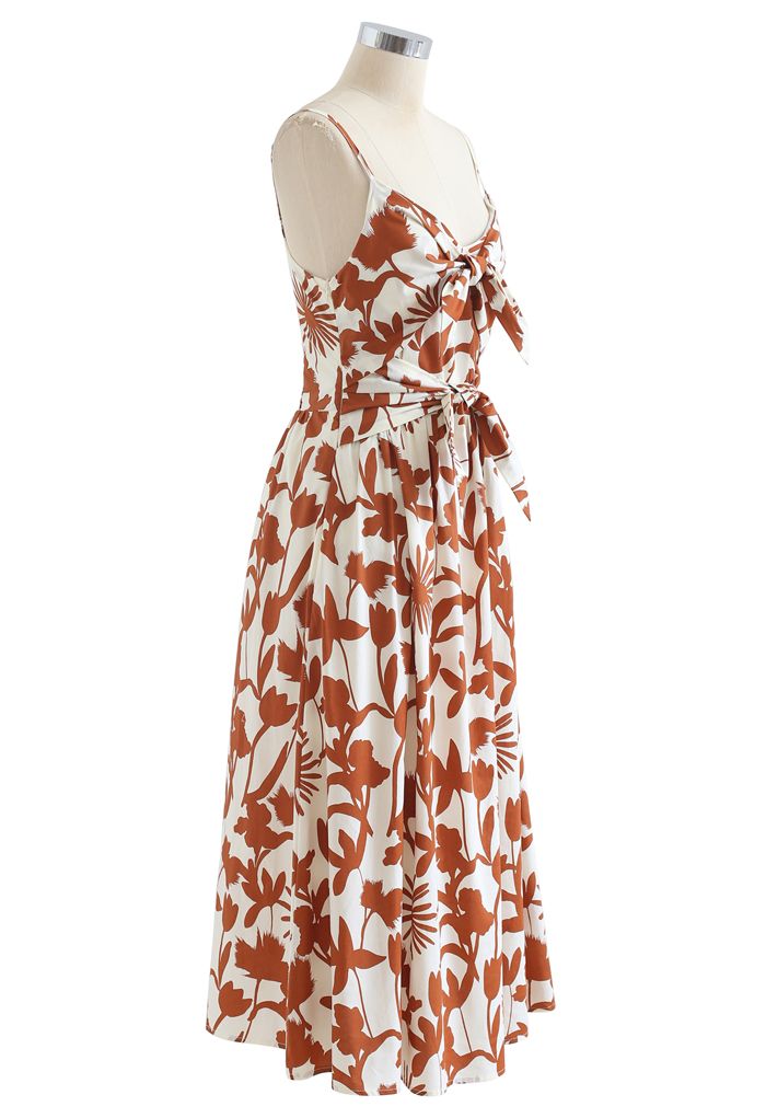 Tropical Print Knot Shirred Cami Dress in Caramel