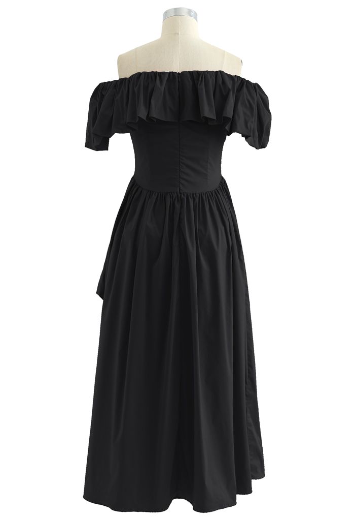Ruffle Off-Shoulder Flap Asymmetric Dress in Black