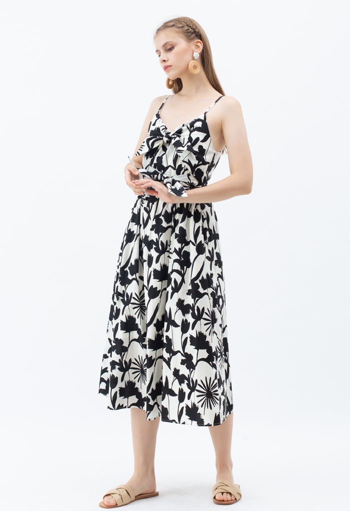 Tropical Print Knot Shirred Cami Dress in Black