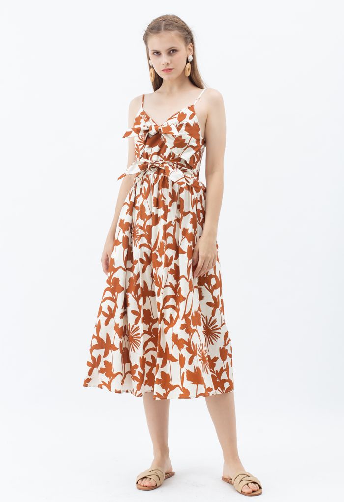 Tropical Print Knot Shirred Cami Dress in Caramel