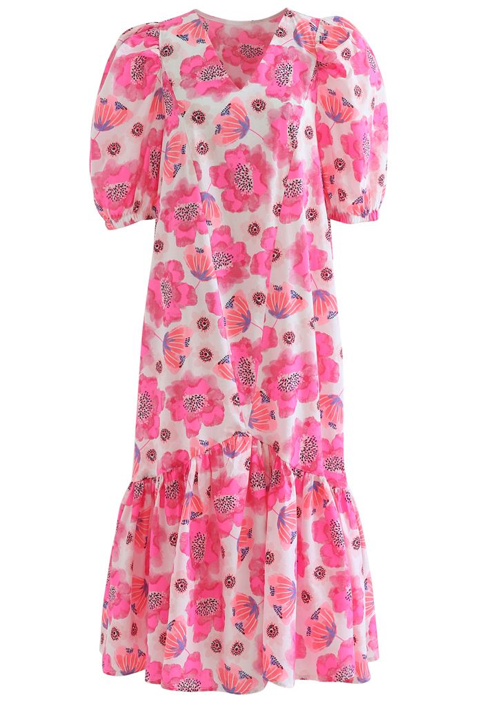Hot Pink Blossom Bubble Sleeve Dolly Midi Dress
