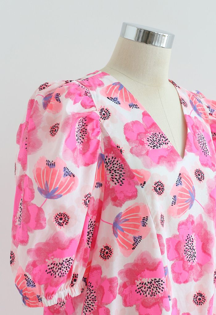 Hot Pink Blossom Bubble Sleeve Dolly Midi Dress