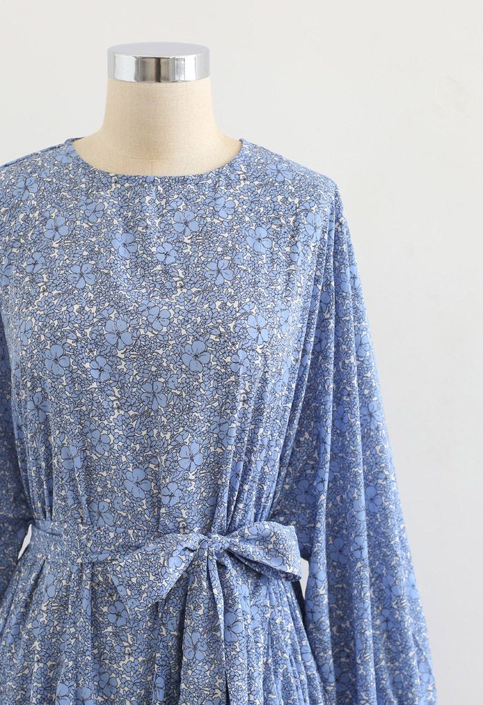 Blue Floret Bubble Sleeves Frilling Dress
