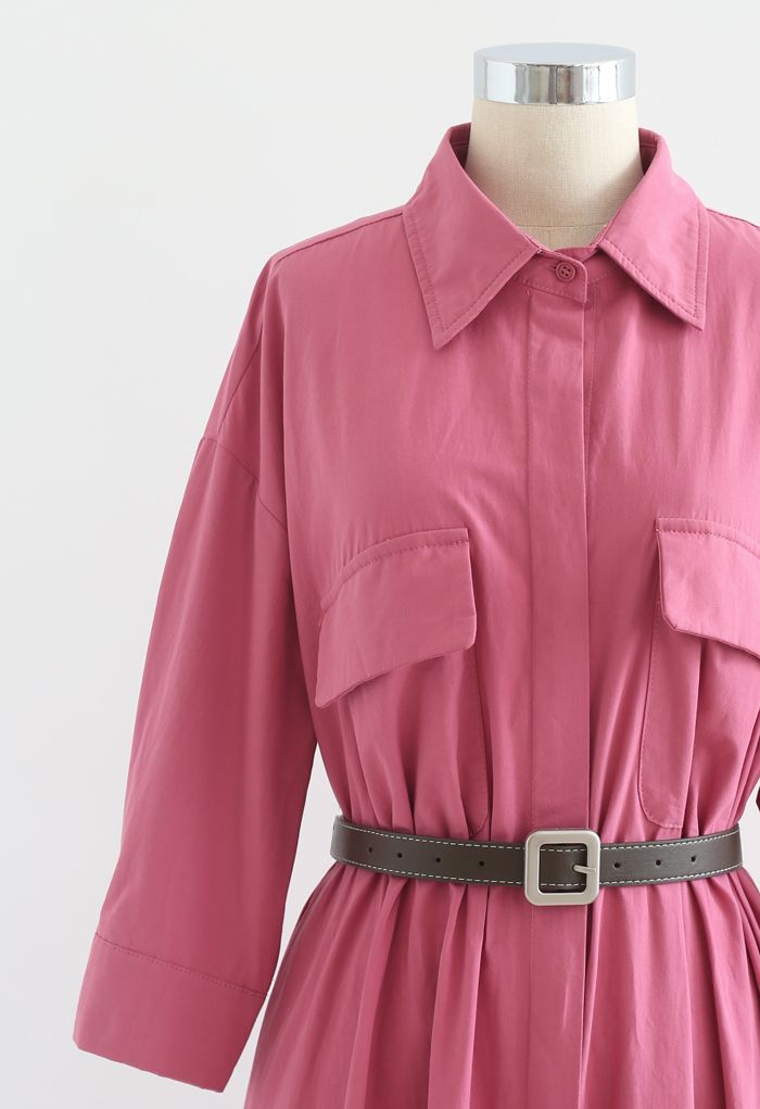 Button Down Belted Cotton Shirt Dress in Pink