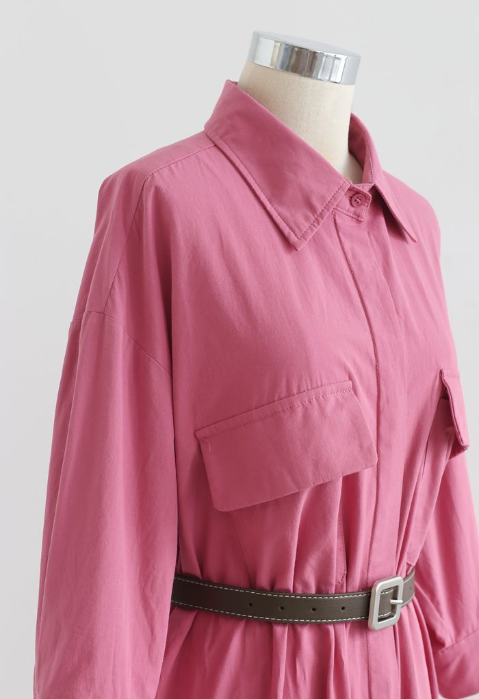 Button Down Belted Cotton Shirt Dress in Pink