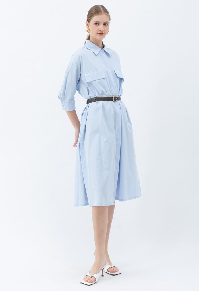 Button Down Belted Cotton Shirt Dress in Sky Blue