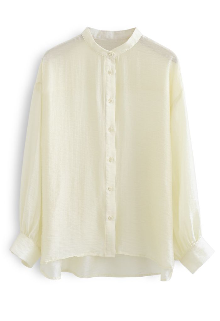 Collarless Lightweight Button Down Shirt in Cream