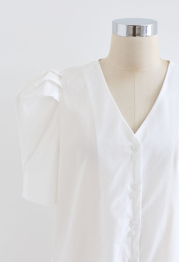 White Puff Short Sleeve V-Neck Buttoned Top