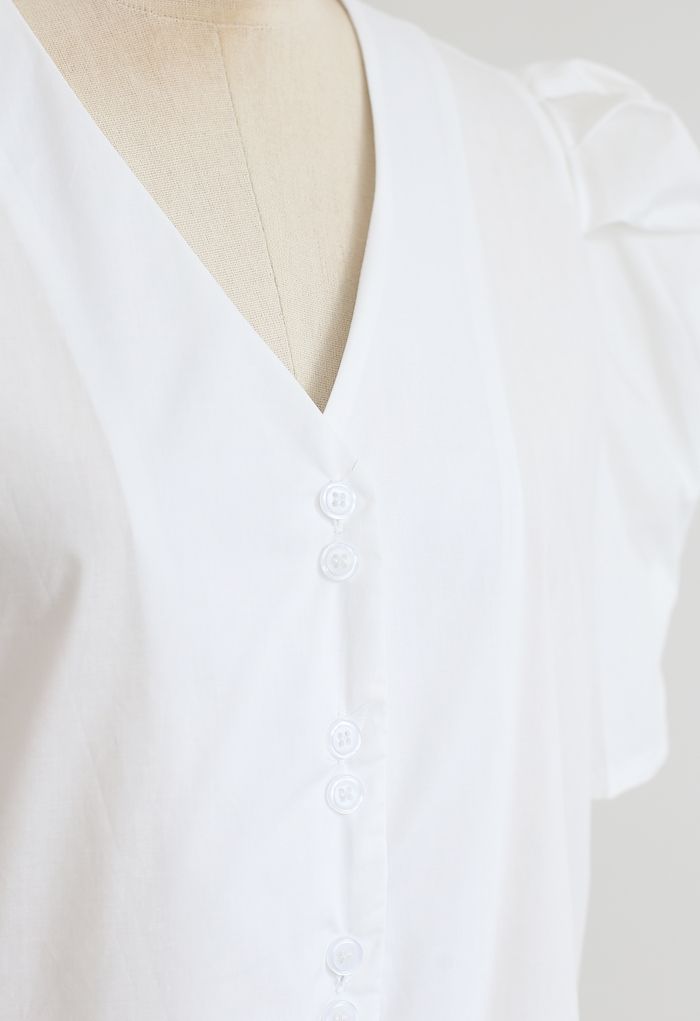 White Puff Short Sleeve V-Neck Buttoned Top