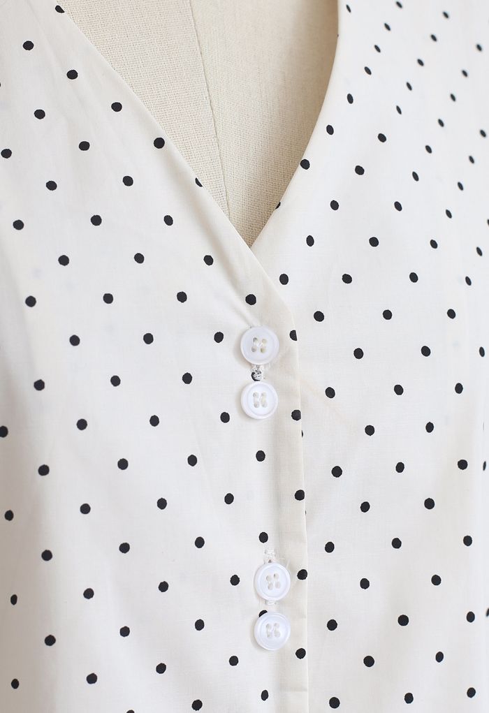 Dots Puff Short Sleeve V-Neck Buttoned Top