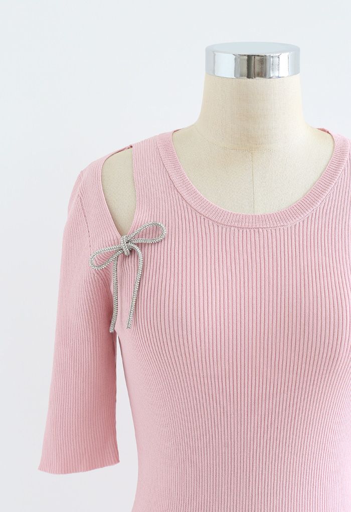 Shoulder Cutout Bowknot Rib Knit Top in Pink