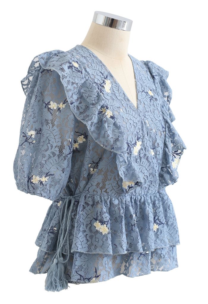 Side String Floral Ruffle Lace Top in Dusty Blue