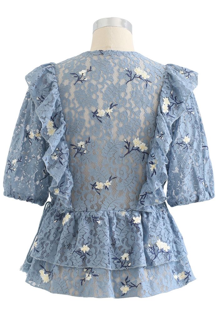Side String Floral Ruffle Lace Top in Dusty Blue