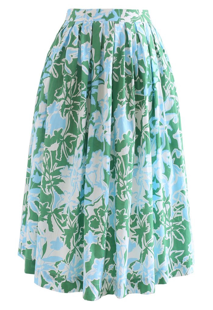 Summer Floral Print Pleated Midi Skirt in Green