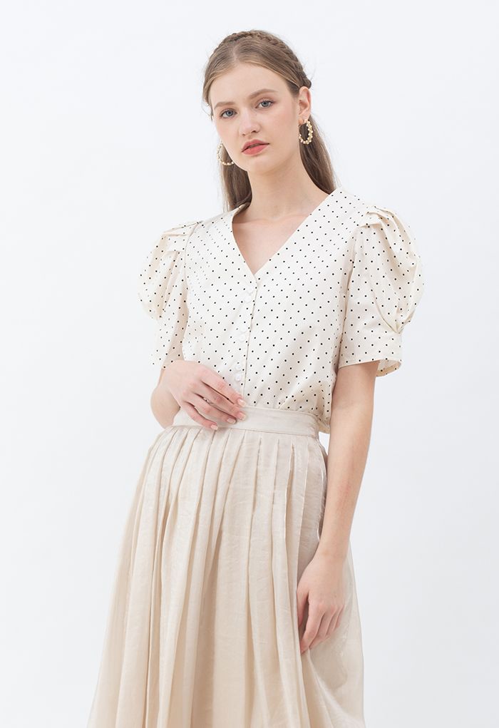 Dots Puff Short Sleeve V-Neck Buttoned Top