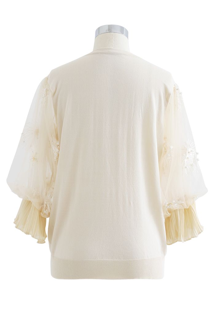 Firework Embroidered Mesh Sleeve Knit Top in Cream