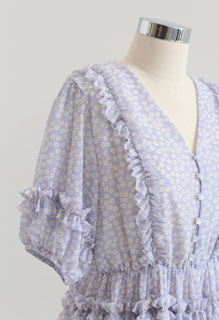 Daisy Print Ruffle Detail Chiffon Dress in Lilac