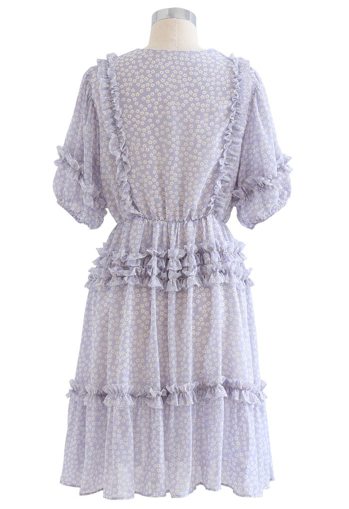 Daisy Print Ruffle Detail Chiffon Dress in Lilac