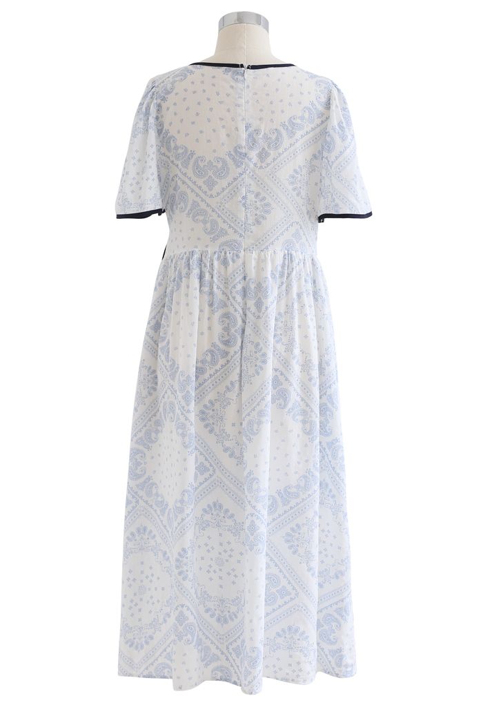 Paisley Print Piping Cotton Dress in Light Blue