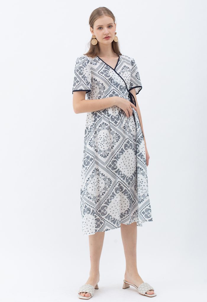 Paisley Print Piping Cotton Dress in Black