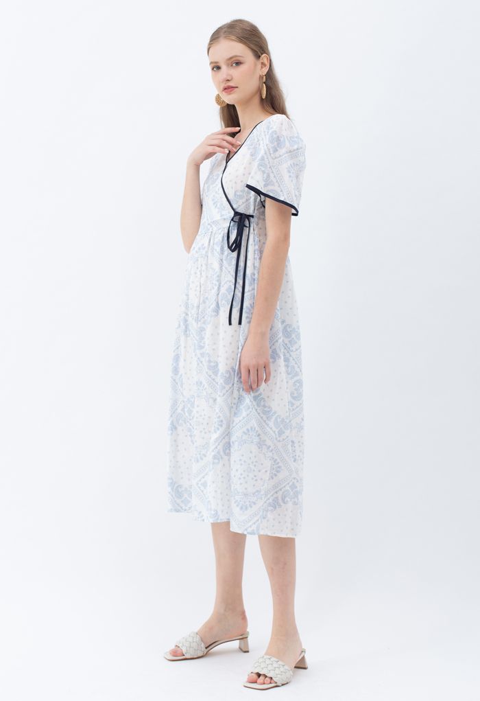 Paisley Print Piping Cotton Dress in Light Blue