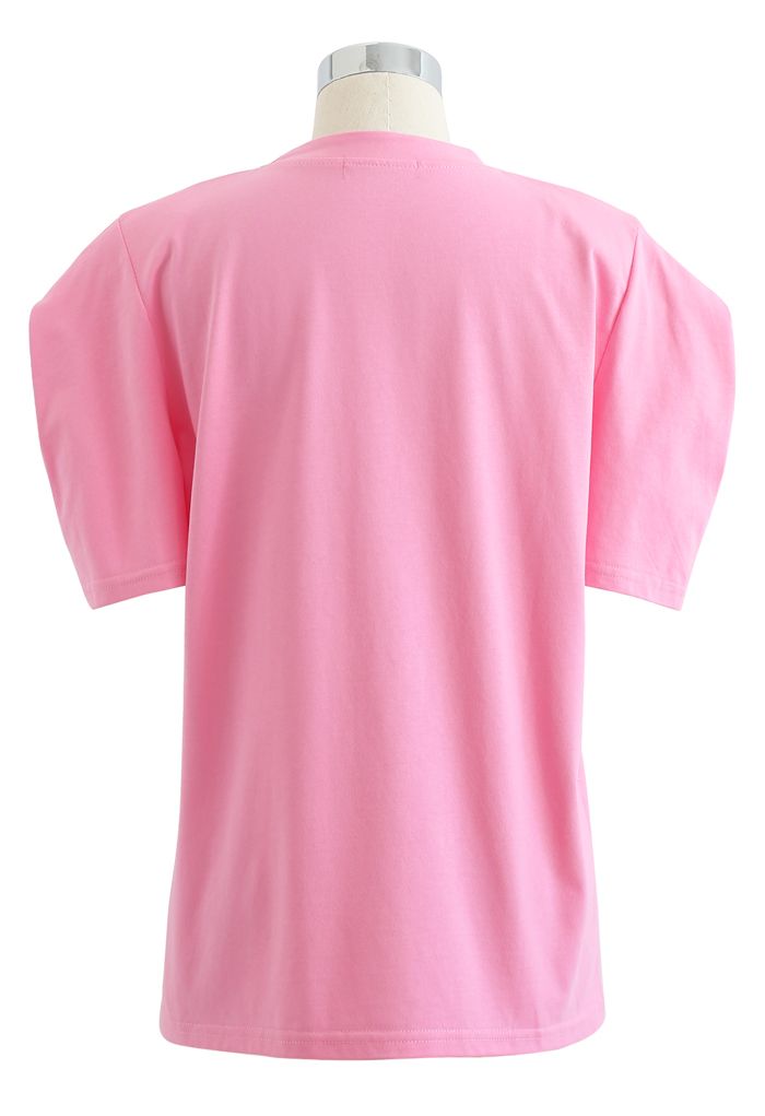 Short Sleeve Padded Shoulder Top in Pink