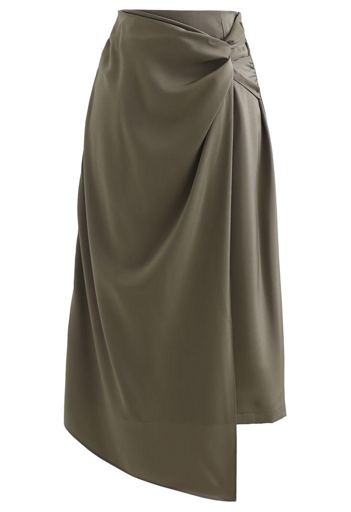 Twist Flap Asymmetric Satin Midi Skirt in Olive