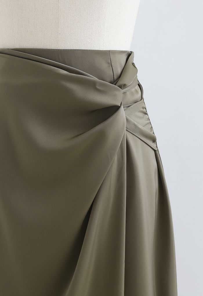Twist Flap Asymmetric Satin Midi Skirt in Olive