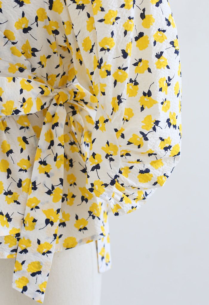Yellow Floral Tie Waist Ruffle Wrap Top
