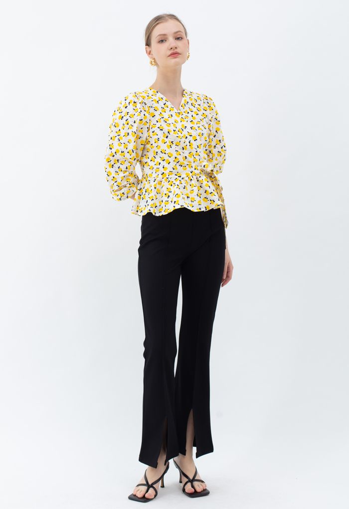 Yellow Floral Tie Waist Ruffle Wrap Top