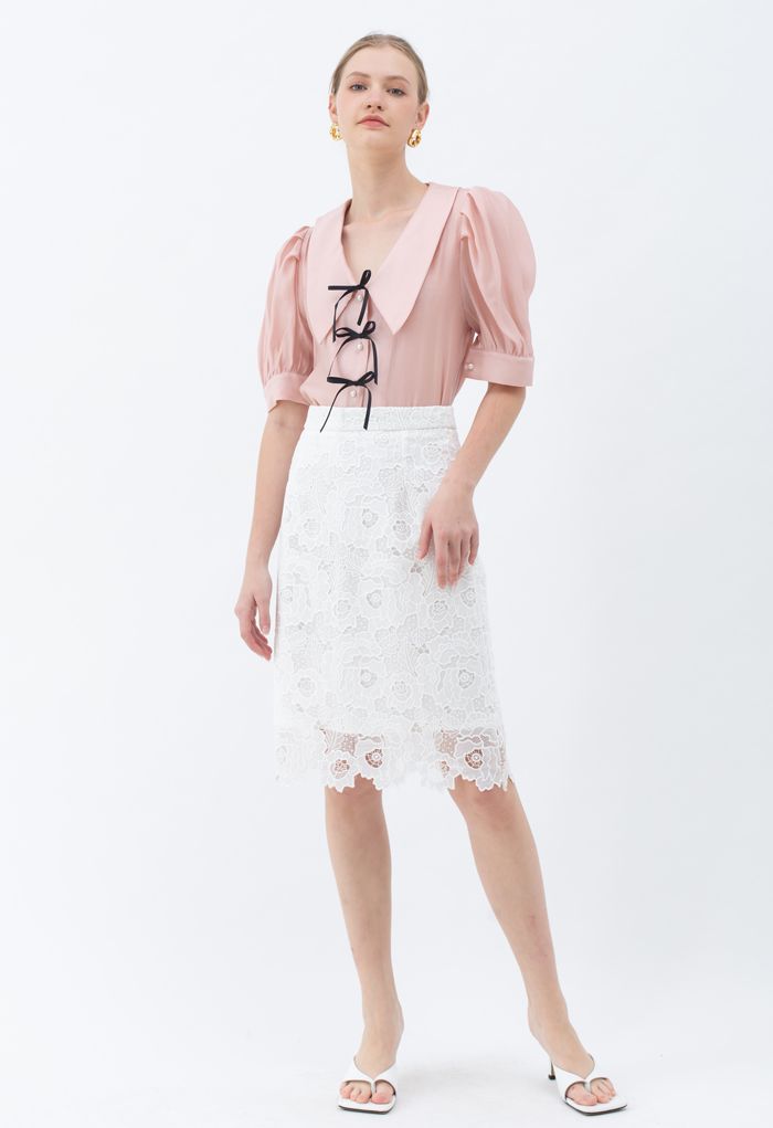 Blooming Peony Full Crochet Pencil Skirt in White