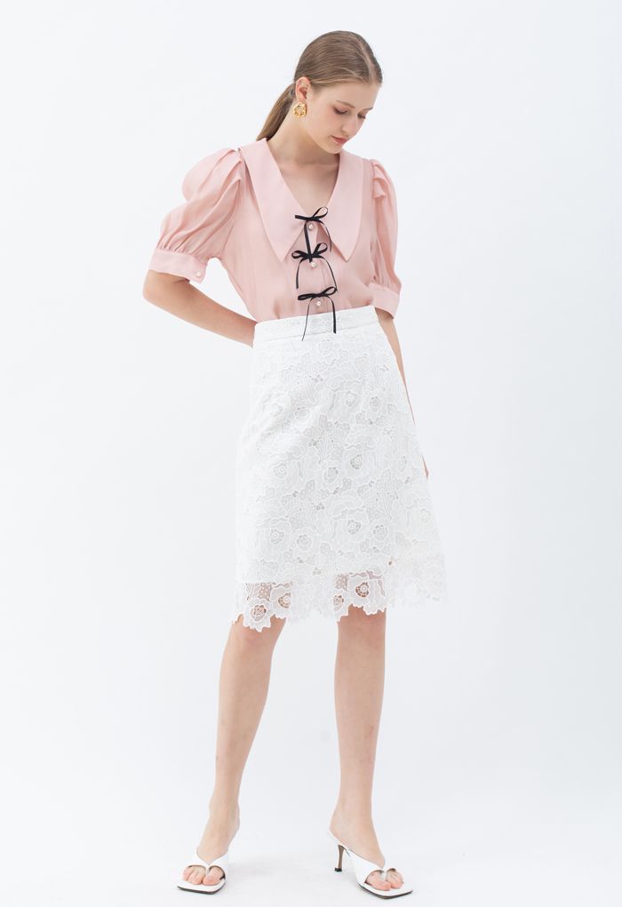 Blooming Peony Full Crochet Pencil Skirt in White
