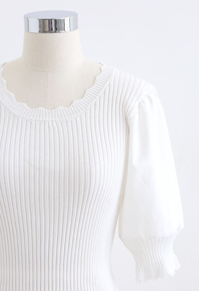 Spliced Mid Sleeve Fitted Knit Top in White