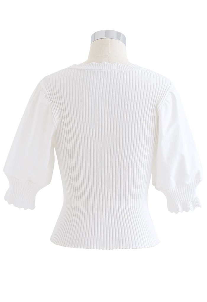 Spliced Mid Sleeve Fitted Knit Top in White
