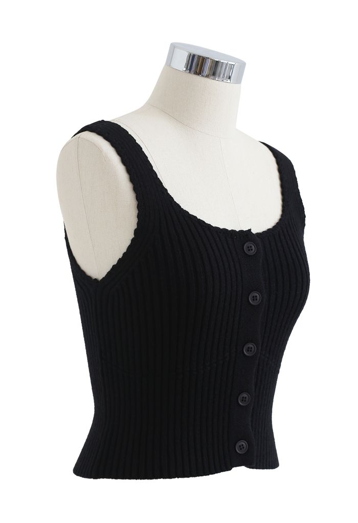 Ribbed Knit Buttoned Crop Tank Top in Black