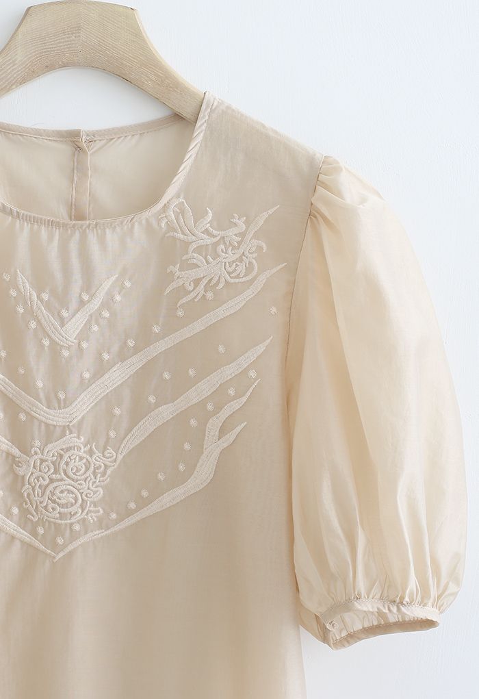 Semi-Sheer Mid Sleeve Embroidered Top in Light Tan