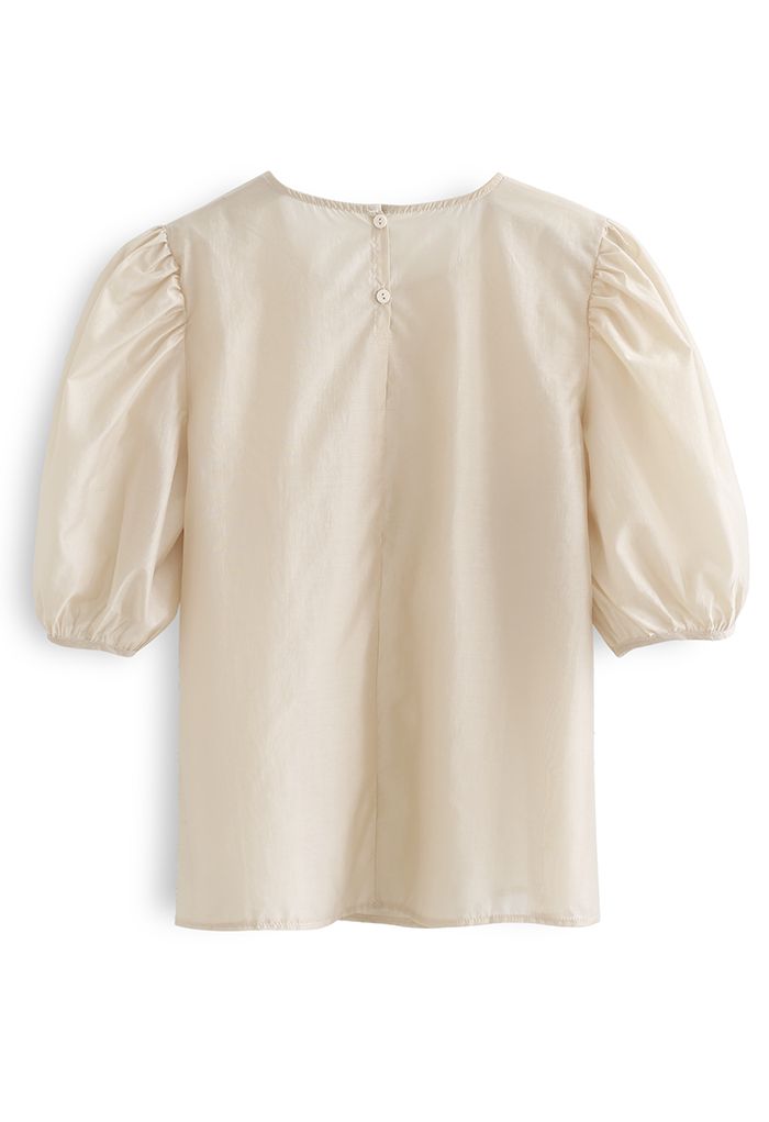 Semi-Sheer Mid Sleeve Embroidered Top in Light Tan