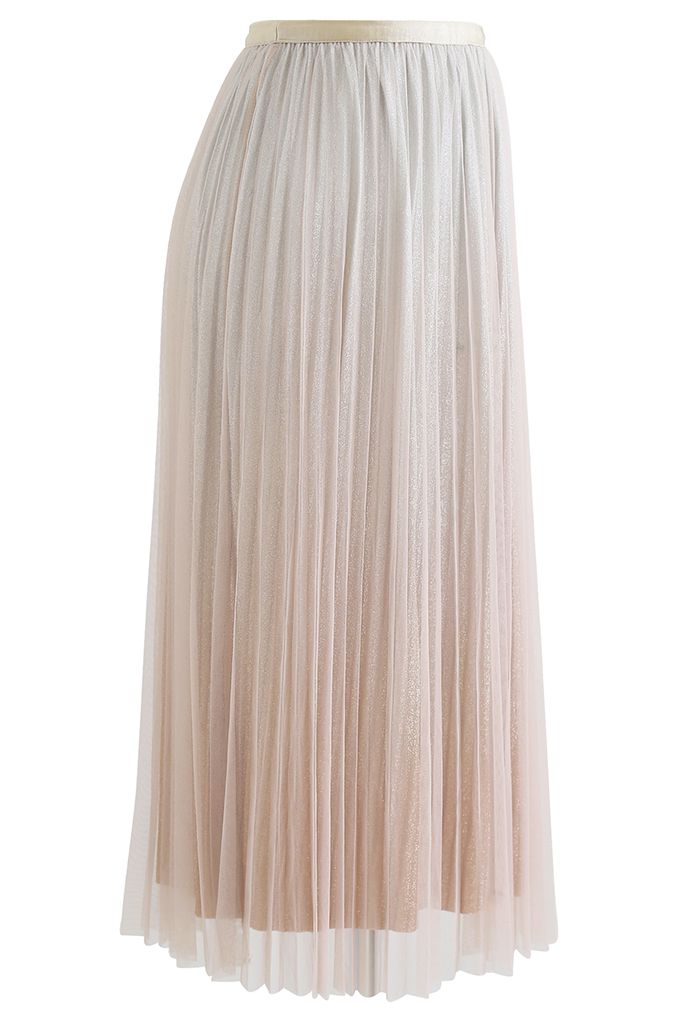 Gradient Shimmer Lining Pleated Mesh Skirt in Cream