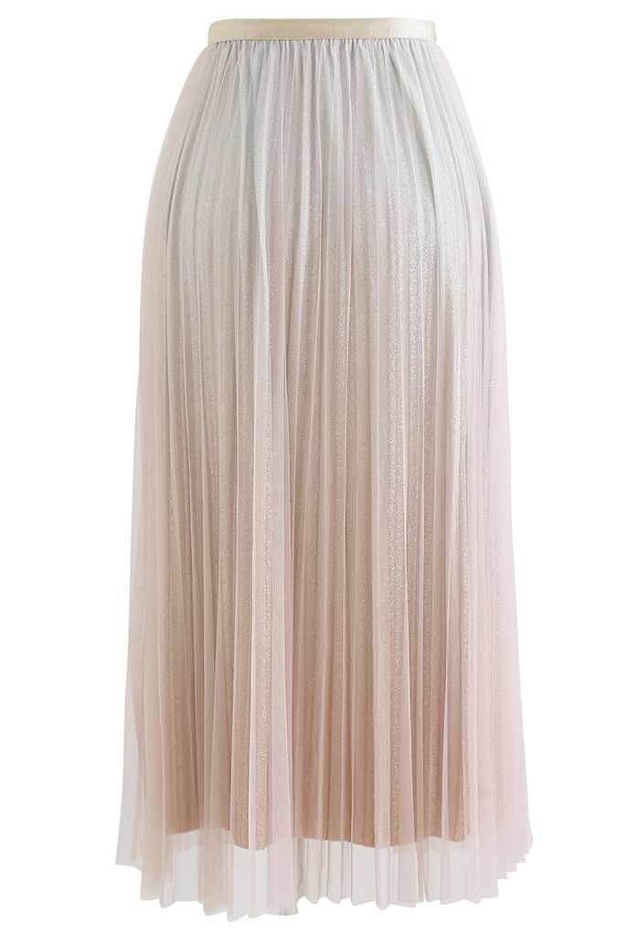 Gradient Shimmer Lining Pleated Mesh Skirt in Cream